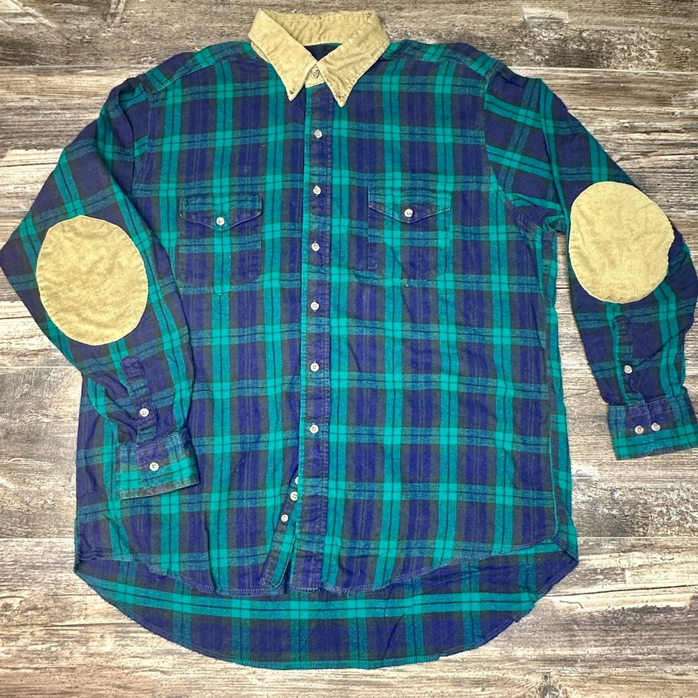 Wrangler Shirt - Button Down Flannel - Tan Corduroy Elbow Patch - Green Blue